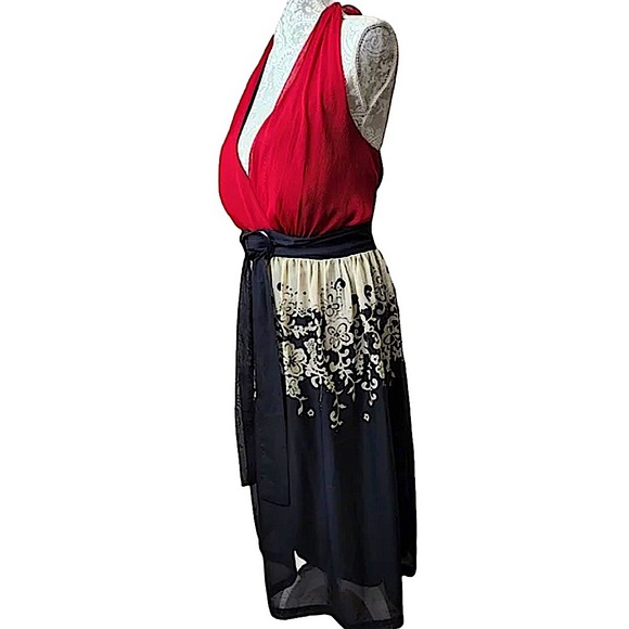 Jonathan Martin size 10 dress black cream floral design on bottom red tie top - Picture 2 of 15